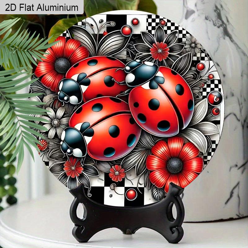 2D Flat Aluminum LadybugRound Metal Sign, Man Cave Wall Art Sign for Front Door, Spring Summer Front Door Decor, Pre-Drilled Holes for Easy Hanging