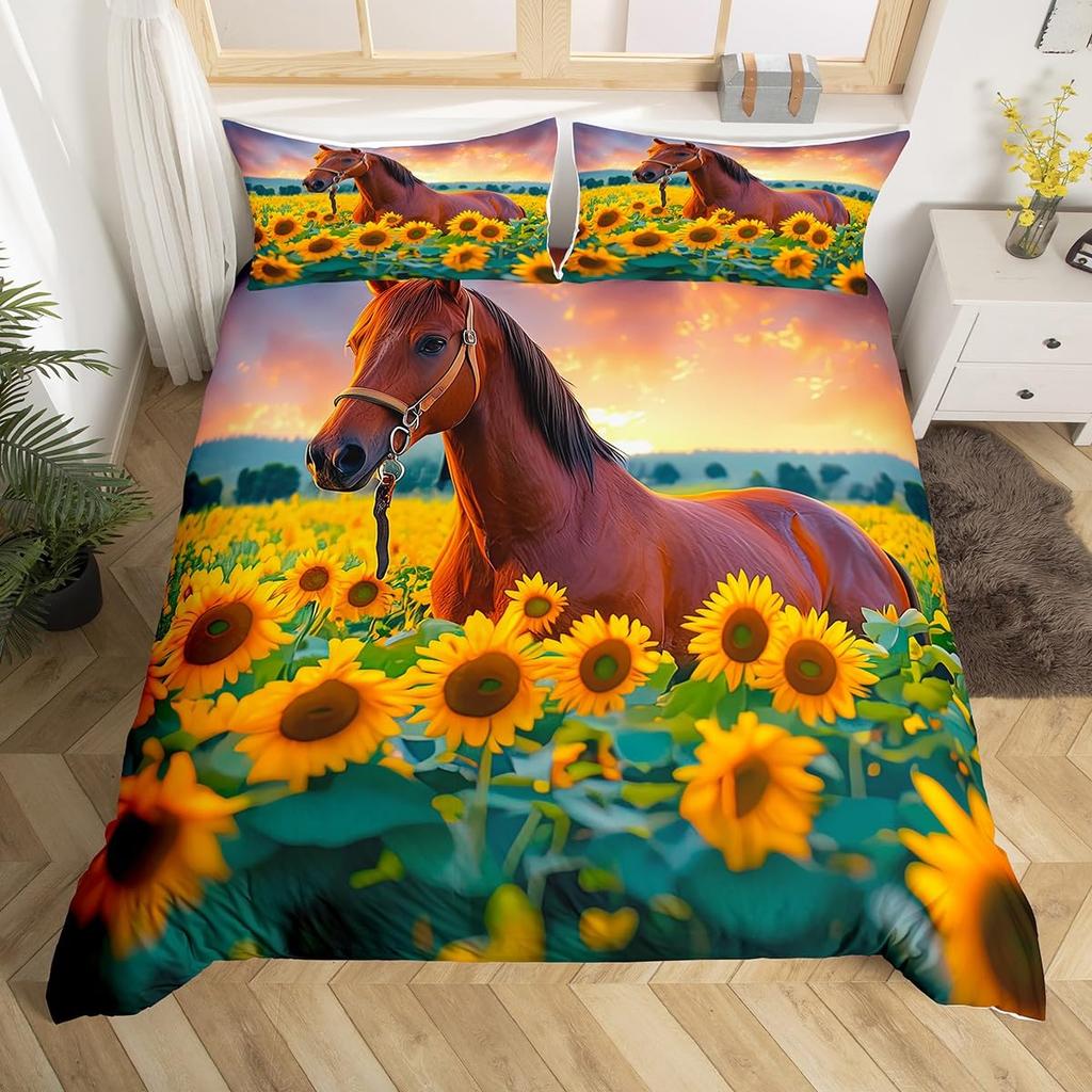 Horse Duvet Cover Western Cowboy Farmhouse Animal Bedding Set Soft Sunflower Floral Comforter Cover Twin Queen For Boys Girls