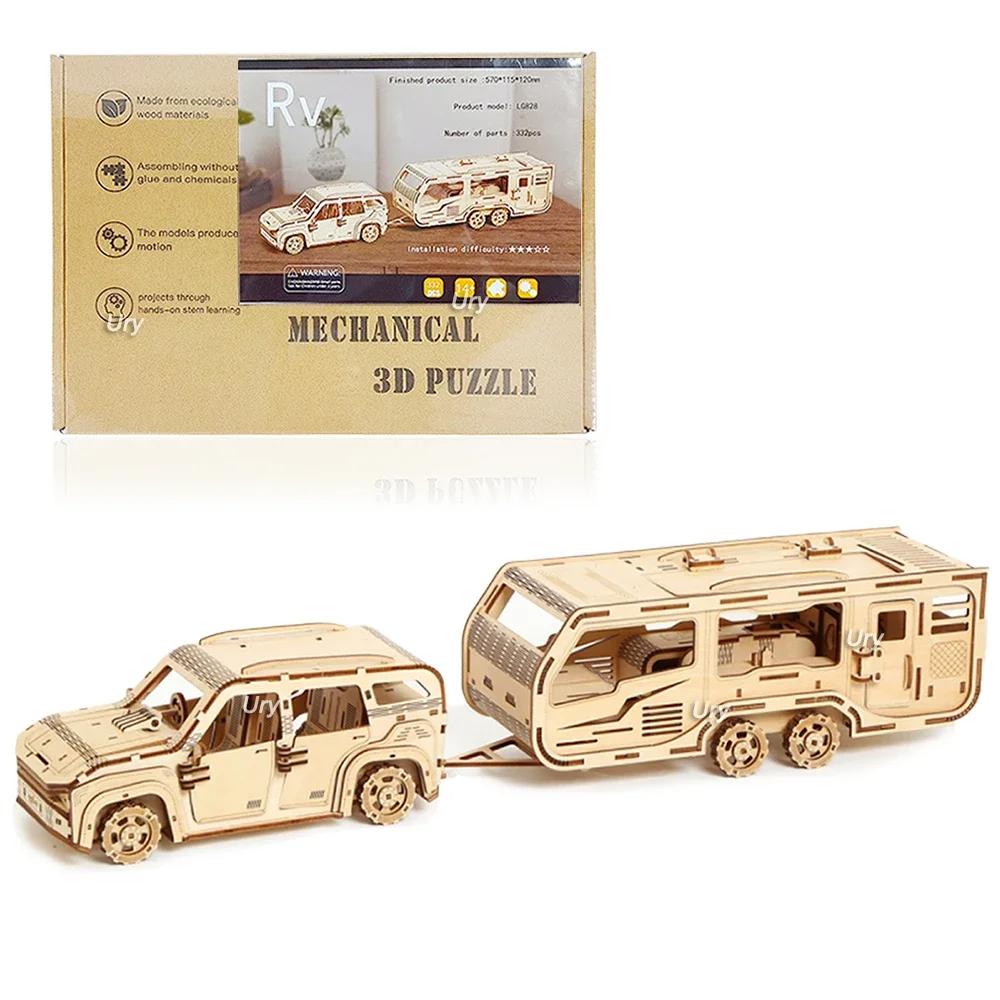 DIY 3D Wooden Puzzle Movable Retro Biplane Crane Bulldozer Handmade Assembly Truck Model Toys Decoration Gift for Kids G204