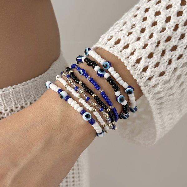 5Pcs/Set Bohemia Rice Beads Stacked Bracelets for Women Girl Handmade Imitation Pearl Crystal Bead Elastic Bracelet Jewelry Gift