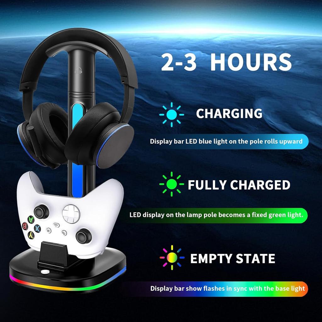 RGB Headphone Stand with Charger, Xbox Controller Charging Station Headset Stand Suitable for Xbox Series X/S/One/One X/One S Charging, Equipped with