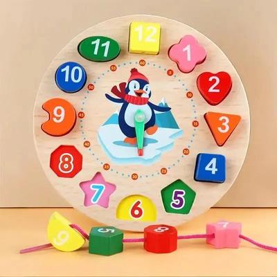 Drewniane Klocki z Numerami Puzzle Zegar Zabawka Edukacyjna Montessori dla Dzieci Sortowanie Kolorów i Nauka Czasu z Zabawnymi Wzorami Pingwinów