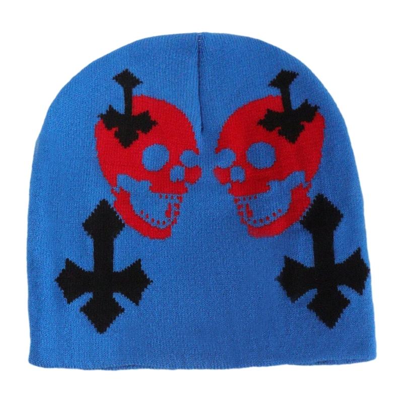 Knit Double Skull Beanie Hat for Students Adult Windproof Foldable Winter Hat Handmade Halloween Keep Warm Cycling Hat