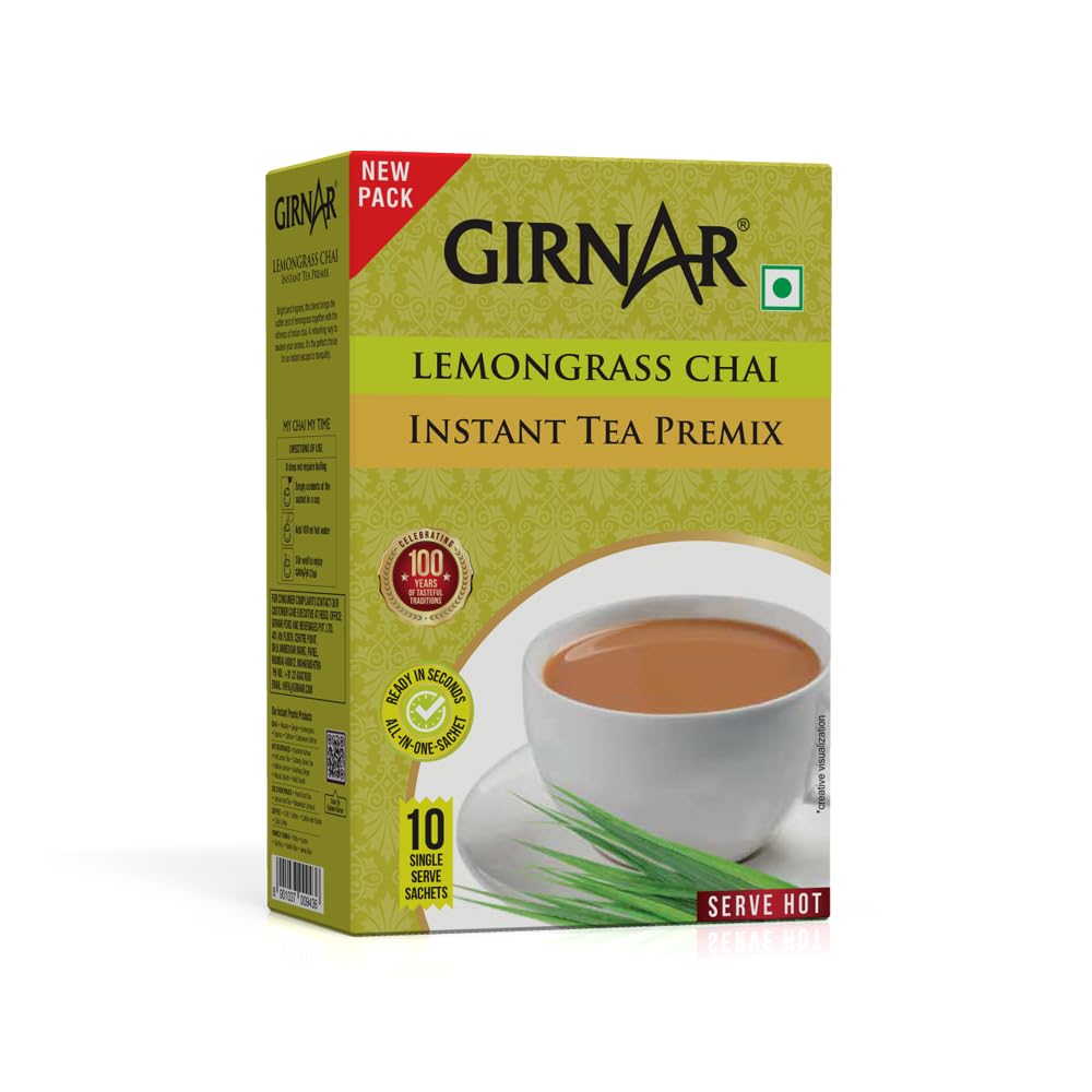 Girnar Instant Premix Lemongrass Chai Tea 10 Sachets Vegetarian Ready-To-Drink Beverage