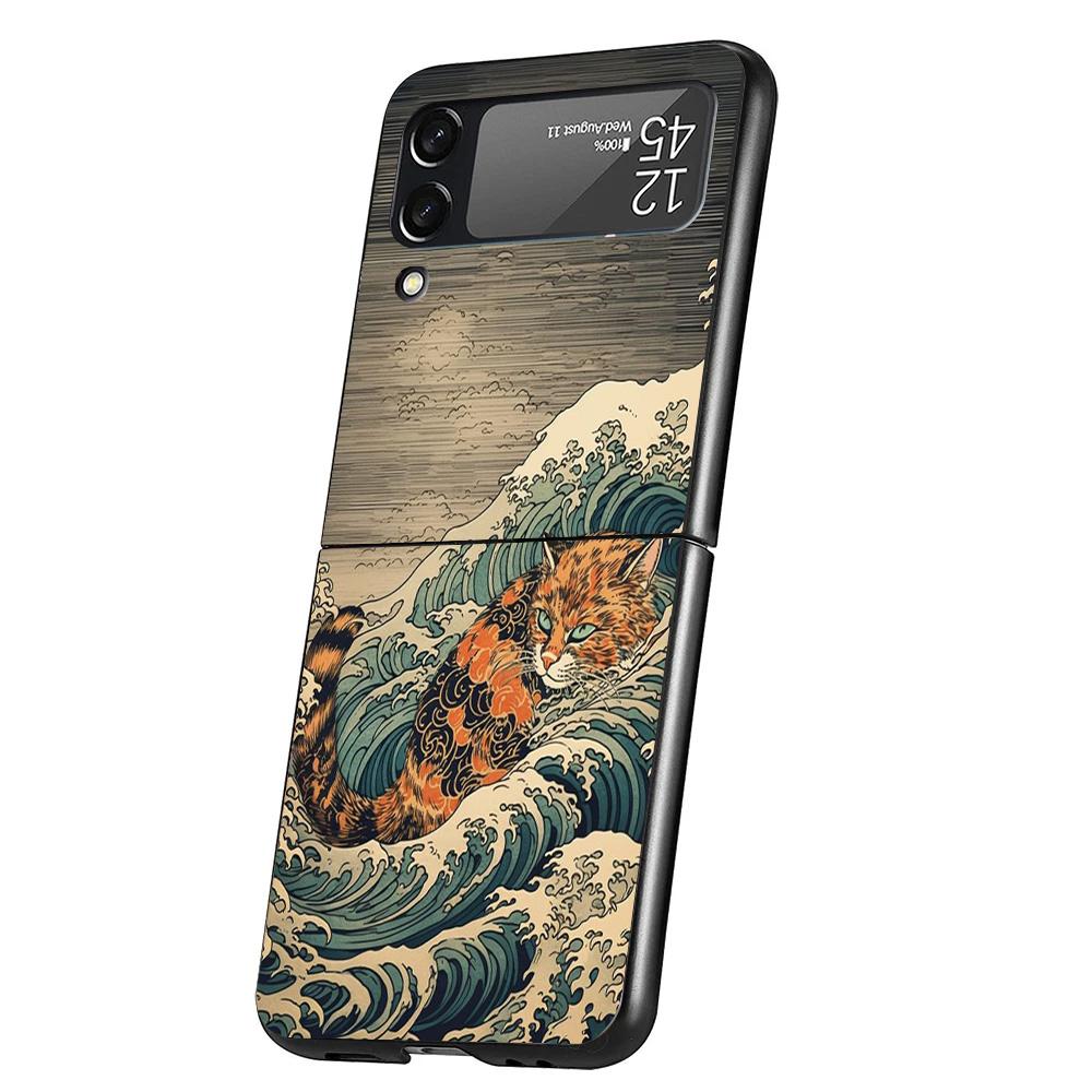 Anime Cat Sea Wave Aesthetic Cover Phone Case For Samsung Galaxy Z Flip 7 6 5 4 3 5G Flip7 Flip6 Flip5 Flip4 Flip3 Black Fundas