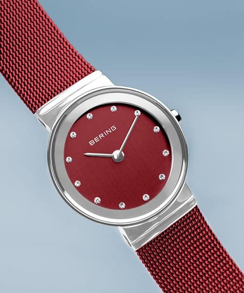 BERING Analog Quartz Classic Collection Watch Stainless Steel Strap Sapphire Crystal Red Mesh Belt x Silver Genuine Imported Product 3 Year Internal