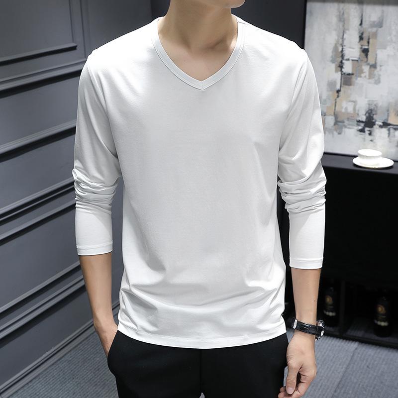 Męski T-shirt z dekoltem w serek z merceryzowanej modalu z długim rękawem - Jednolity kolor, Lekki, Idealny do warstwowania na wiosnę/jesień.