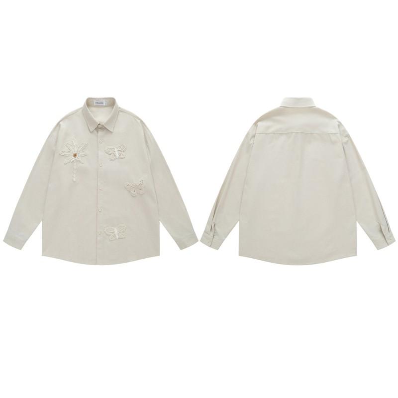 American Vintage Floral Butterfly Dragonfly Crochet Patch Shirt Unisex Casual Long Sleeve Blouse