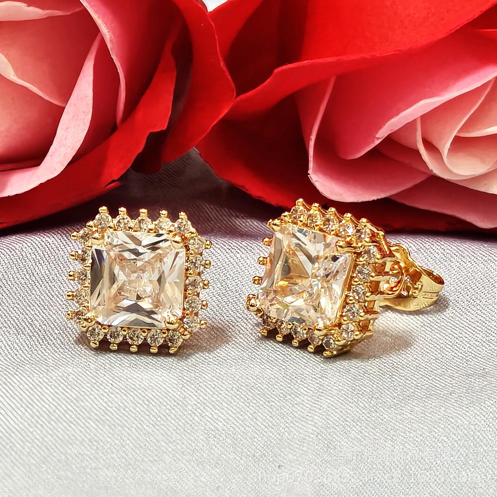 Korean Retro Fashion Diamond  Copper Square Stud Earrings with Cubic Zirconia