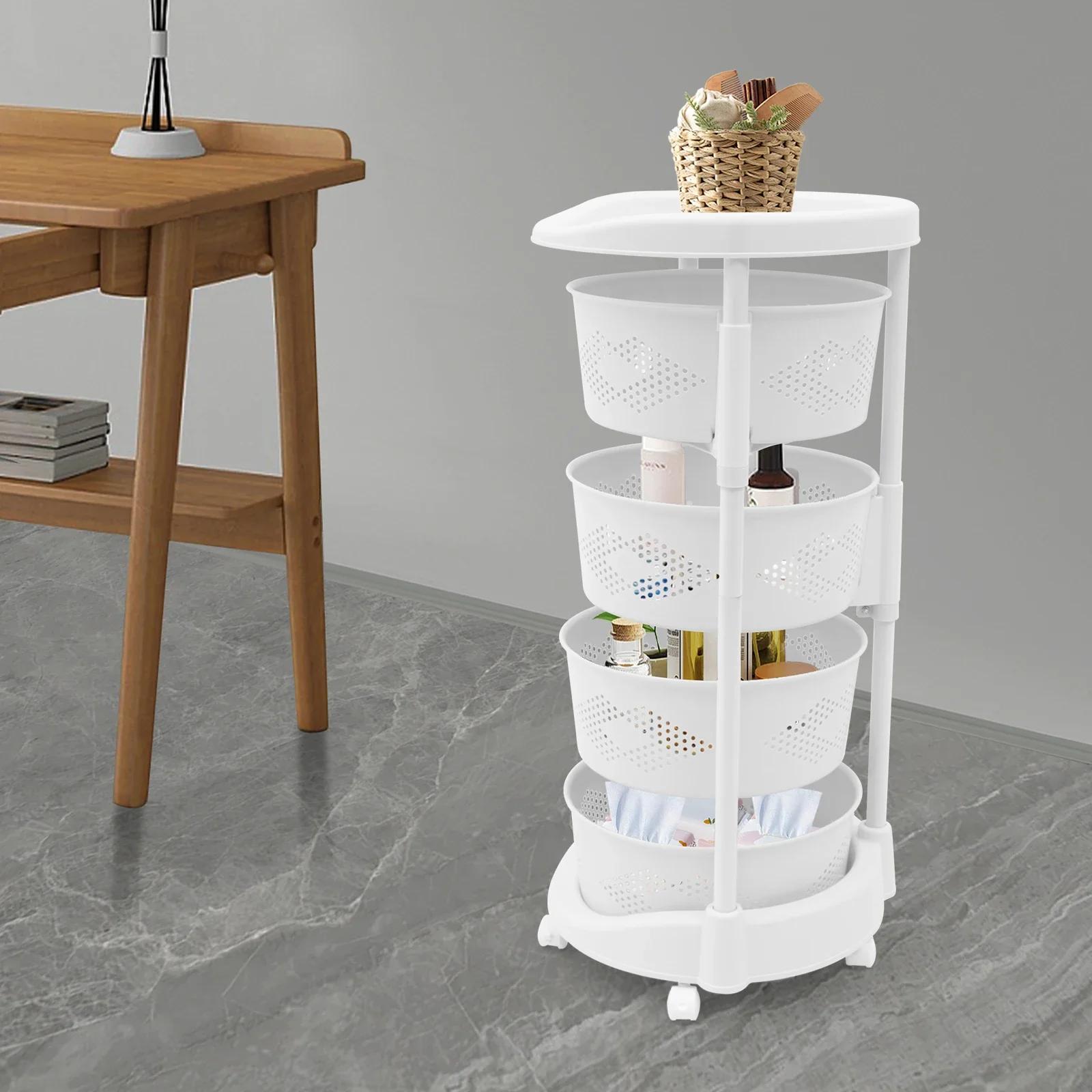 4 Tier Rotating Kitchen Basket Stackable Shelf Fruit Vegetable Organizer with Casters Multi-Layer Round Storage Cart Space Saver bianco