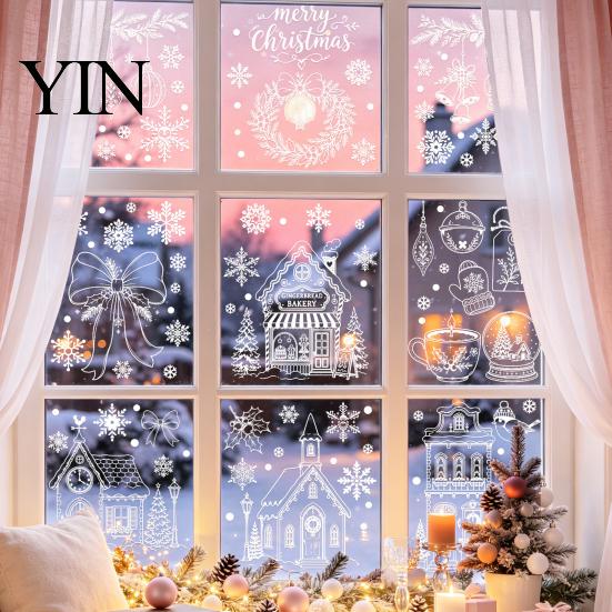Christmas Party Window Ornaments 9Pcs Clings, Static Glass Stickers, Reusable White Line Hand-Painted Decals Stickers for Holiday Home Decorations,