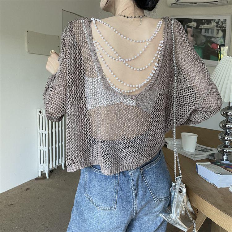 Sunscreen Knit Cardigan: Women's Backless Pearl Thin Long Sleeve Pullover for Summer & Early Autumn
