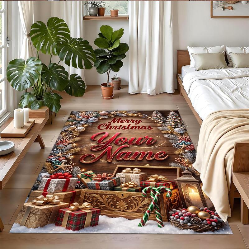 Christmas Custom Name Printed Square Area Rug Soft Non Slip Floor Carpet For Bedroom Holiday Gift