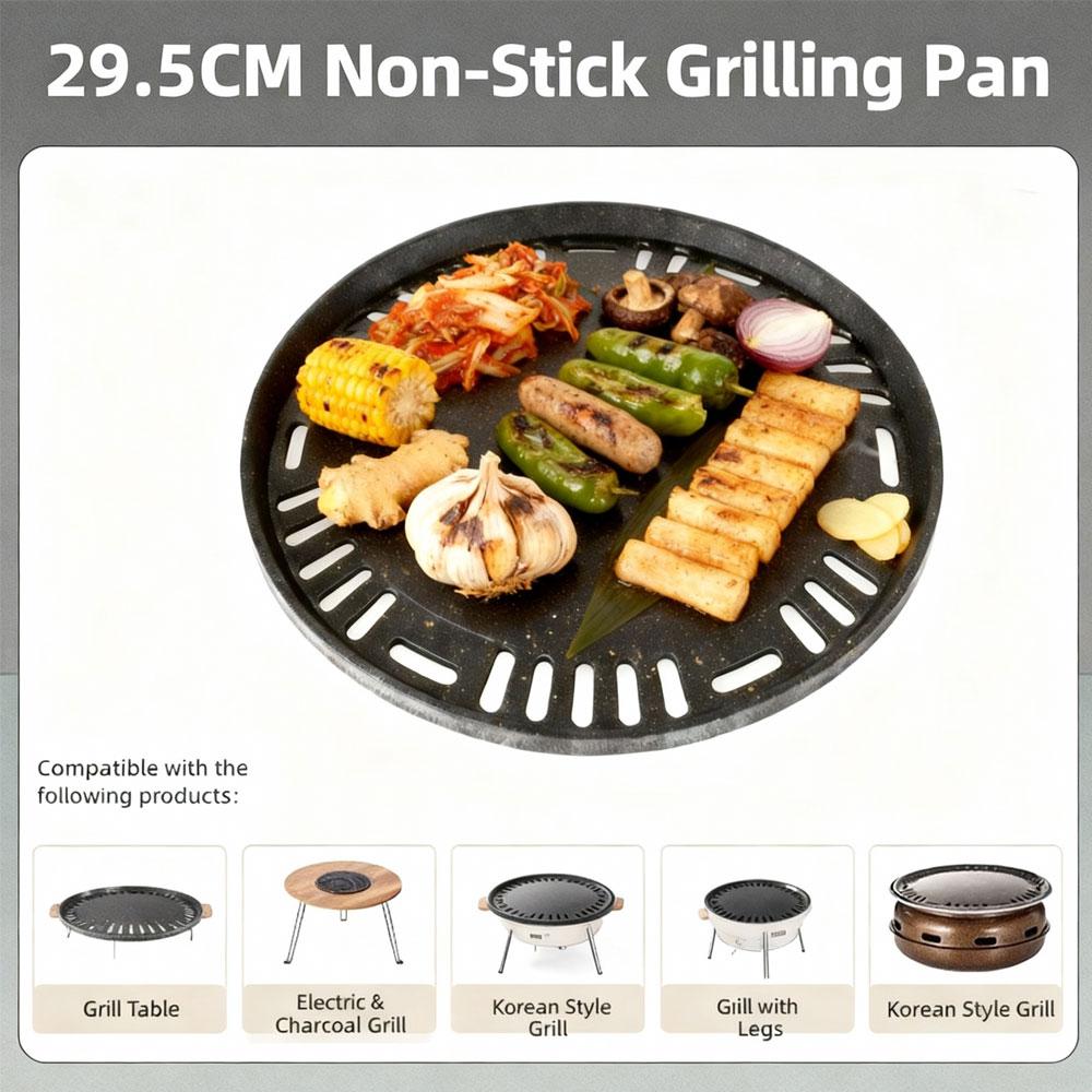 Korean Grill Plate Circular Aluminum Coating Meat Flatbed Triple Flatbed for Camping Board Coal Flatbed Gas and Induction, 295