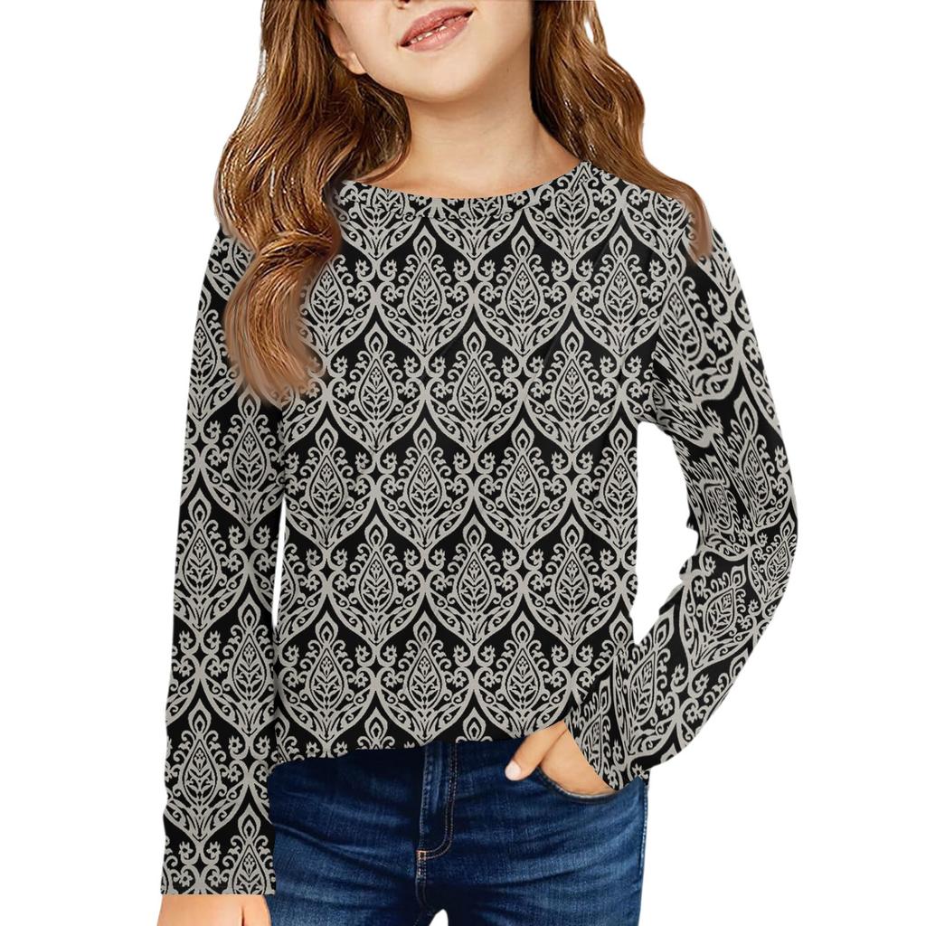 Girls' Long Sleeve Tee - Pleated Round Neck Casual Top