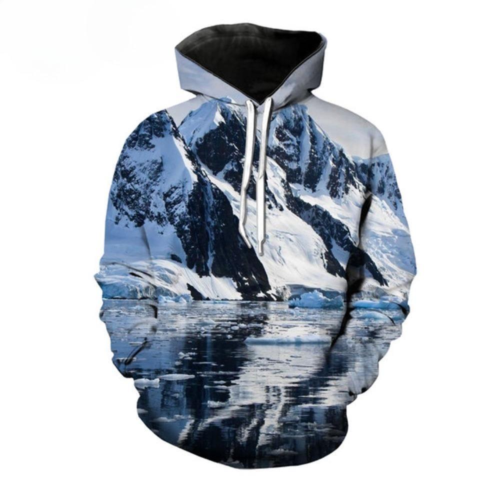 Iceberg Glacier Scenery Fleece Hoodie, Men's Thick Warm Autumn Winter Sweatshirt, Snow Mountain Ice Landscape Pullover for Outdoor Style