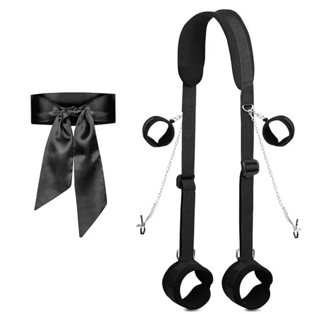 Sex Handcuff Collars Kit Fetish Nipple Restraint  Open Leg Waist Ankle Cuffs Nipple Clamp Chain Eye Blinder Adult SM Game
