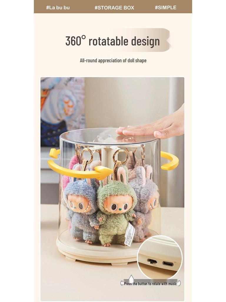 Labubu Charm Music Rotating Display Box: Transparent Plush Doll Figurine Storage Stand