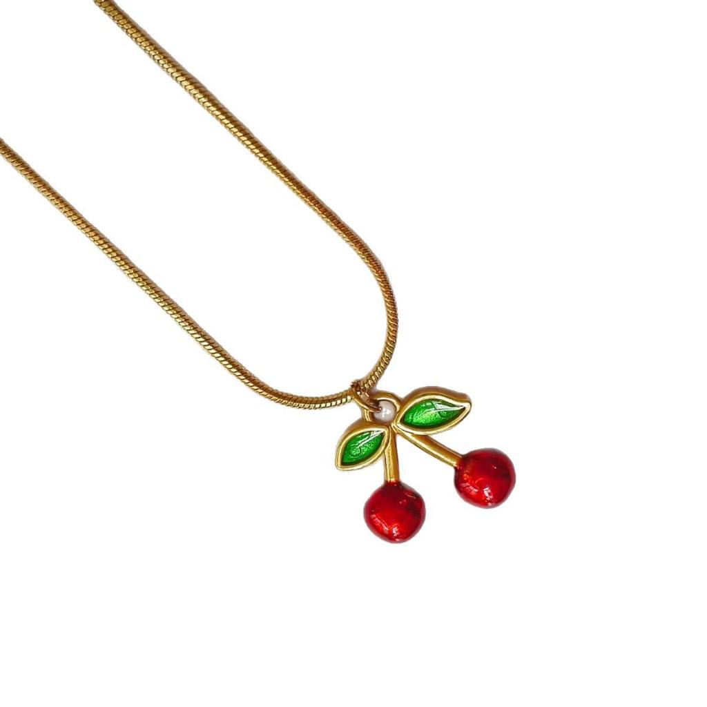 Halskette mit Kirschanhänger: Nicht verblassender Titanstahl-Choker mit Tropföldesign, Modische kurze Schlüsselbein-Kette für Damen