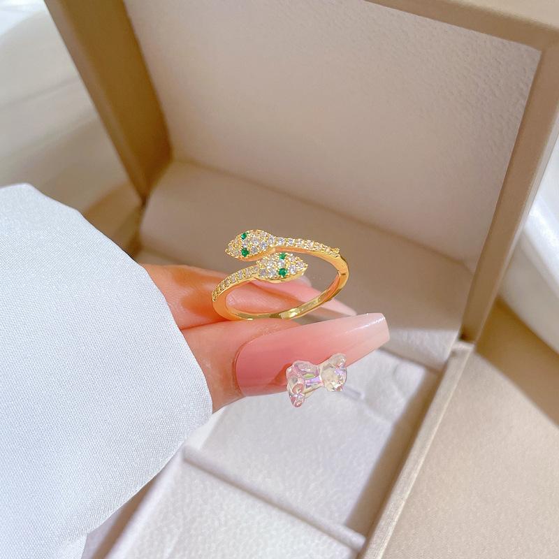 Real Gold Green Eyes Snake Ring Opening Adjustable Simple Jewelry Japanese Ring Couple Ring