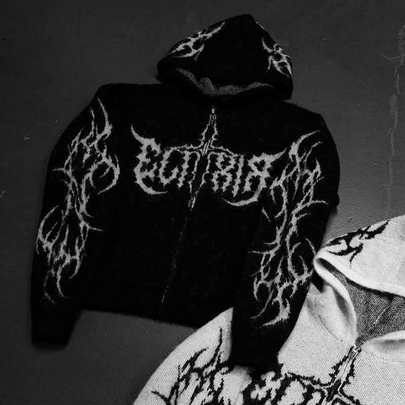 Vintage Streetwear Hooded Sweater Letter Crochet Gothic Style Unisex Loose Fit