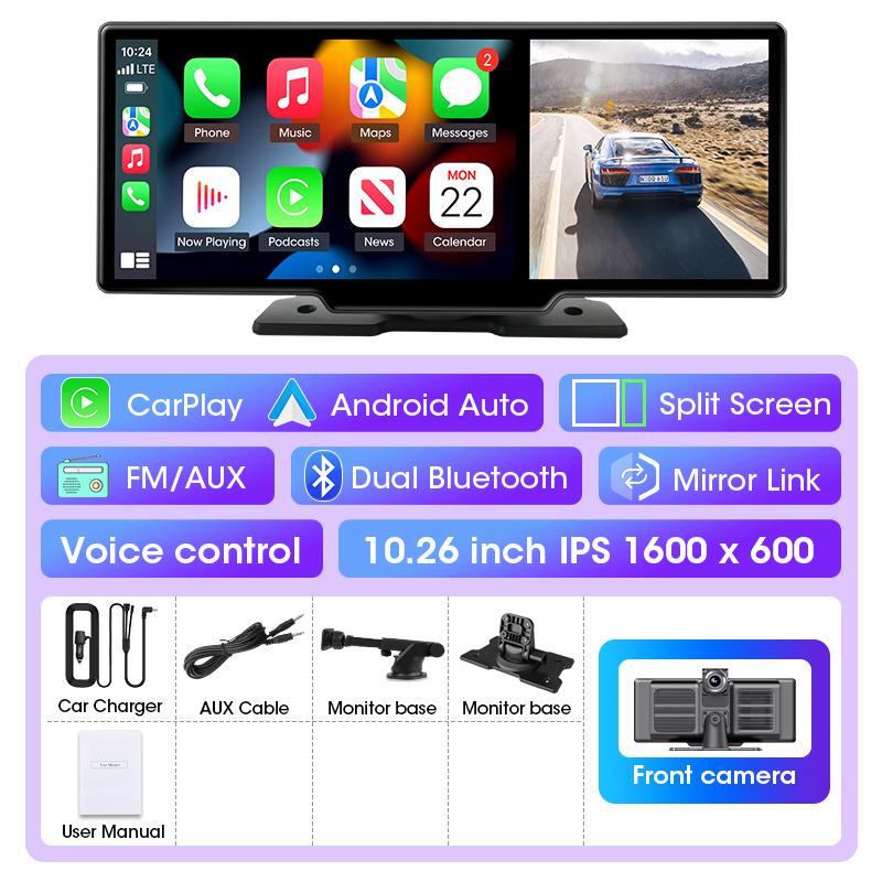 10.26" 4K Dash Cam Rearview Camera WIFI Carplay & Android Auto Dual Lens Car DVR Video Recorder AUX GPS 24H BT FM Mirror Monitor