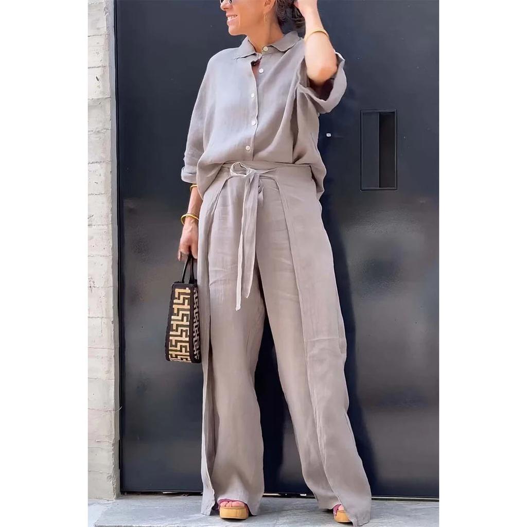 Elegant Office Ladies Suit Casual Solid Color Button Shirt Belt Wide Leg Slit Irregular Pants Sets 2 Piece Set Spring Autumn