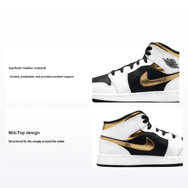 Детские кроссовки Air Jordan 1 Mid GS White Gold разноцветные черные 554725-190 37.5