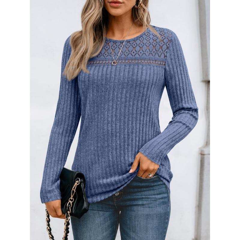 QICED Women's Fashion Casual Solid Color Print Long Sleeve O Neck Blouses & Shirts