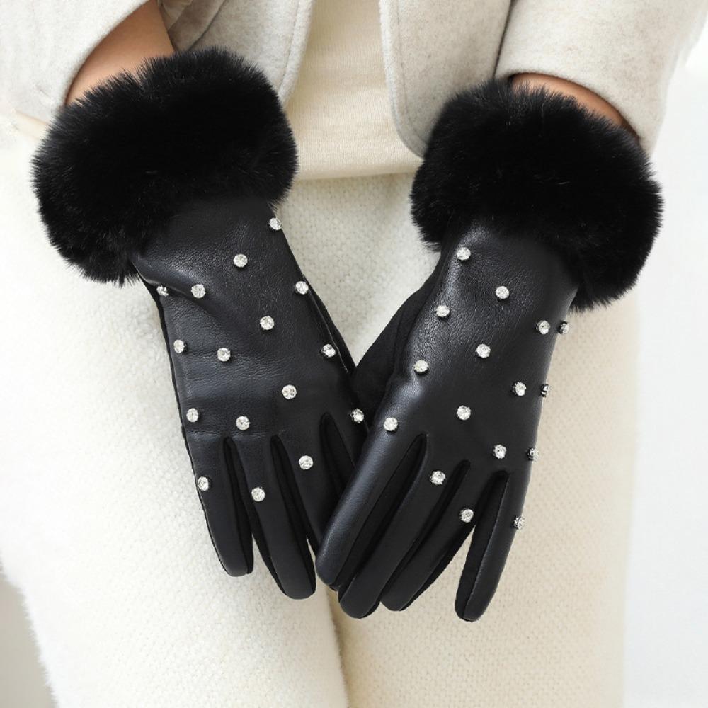 Fashion Faux Fur Trim Cuff PU Leather Gloves Lined Rhinestone Winter Thermal Gloves Windproof Touchscreen Warm Gloves for Women