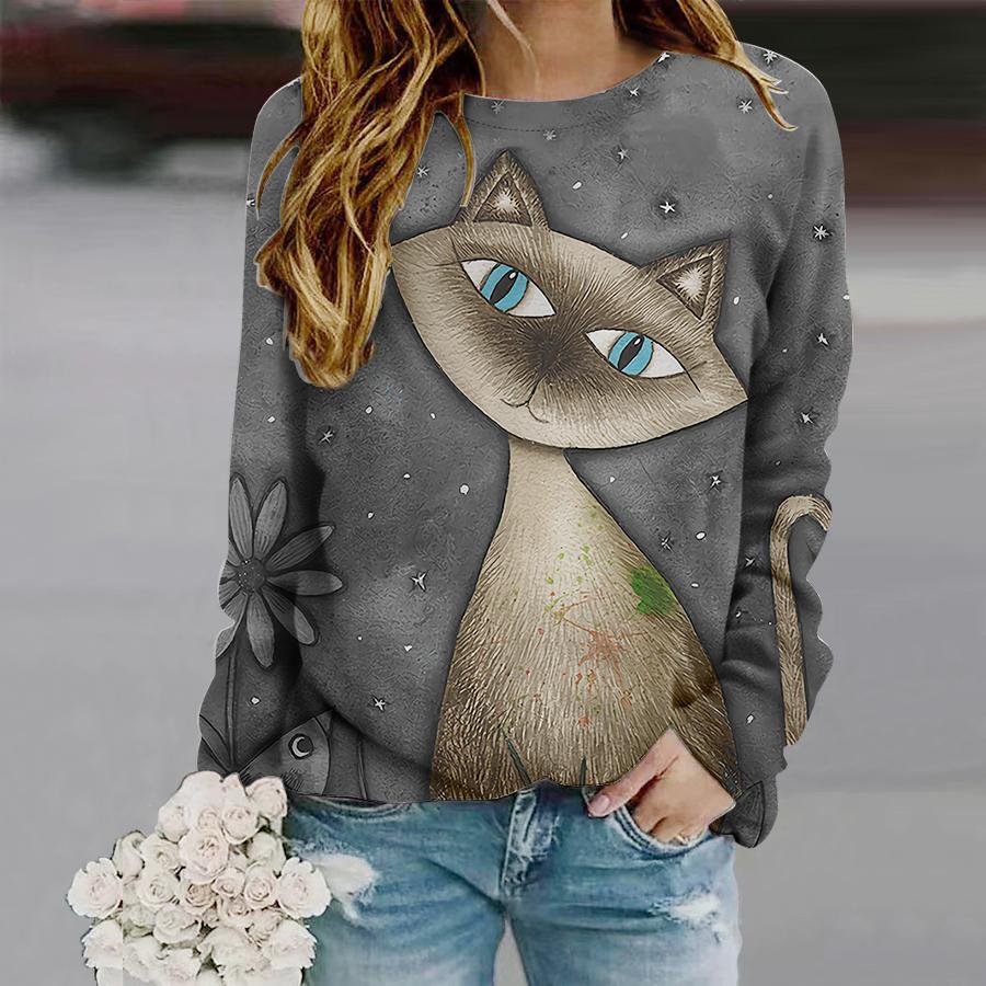 Women Cartoon Cat Tee Animal Printed Women Stylish Casual T-shirt Fall Winter Harajuku Long Sleeve Women Tops Shirts