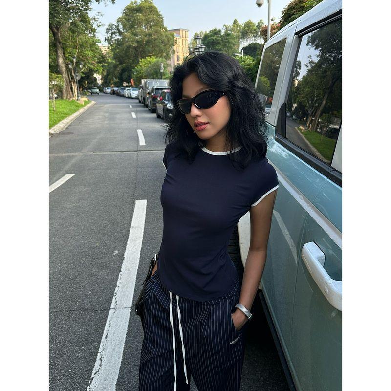 

Gogo Burn American Style Black Fake Two Pieces round Neck Short Sleeve T-shirt for Women 2025 Summer Silm Slim Bottoming Top Tibetan Blue L