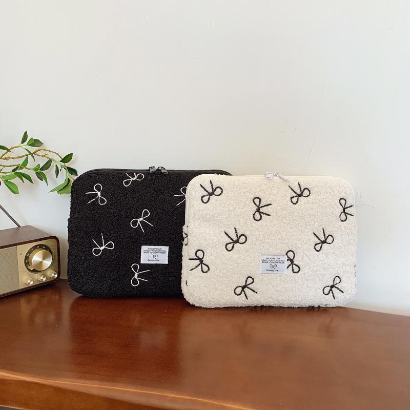 TS JYL laptop bag,INS Winter Plush Embroidery Bow iPad Sleeve Tablet Laptop Case