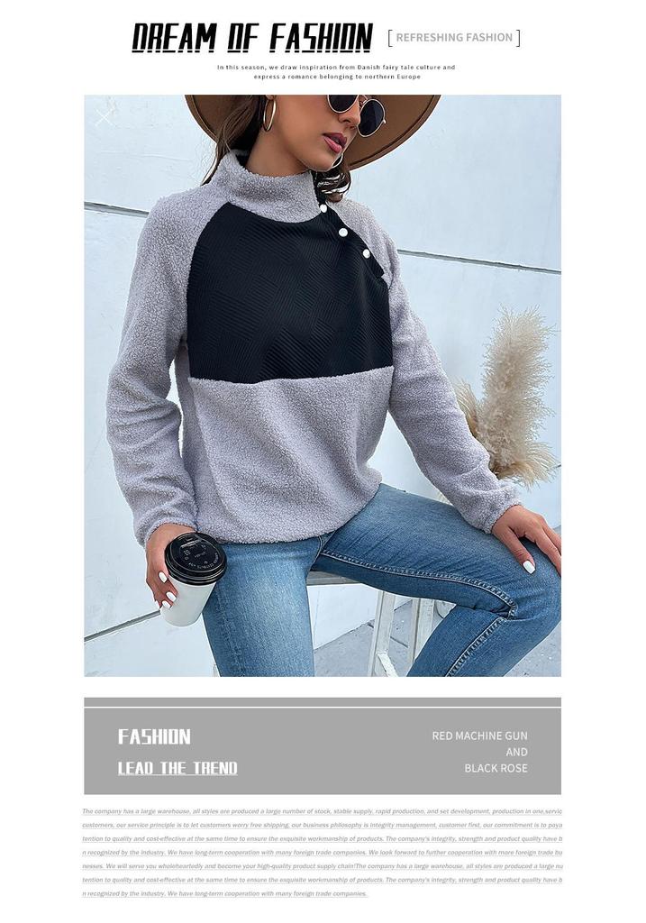 Yiyi 2025 Retro Patchwork Women's Velvet Stand Collar Pullover Hoodie (Autumn/Winter)