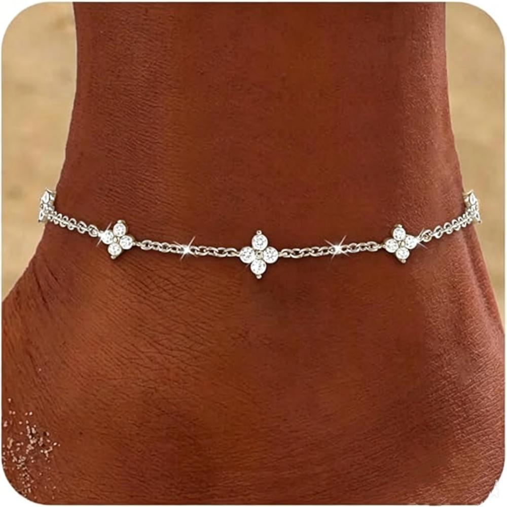 S925 Silver Plated Four Leaf Clover Zircon Anklet for Women Fashion Simple Adjustable Ankle Chain Summer Vacation Jewelry Gift