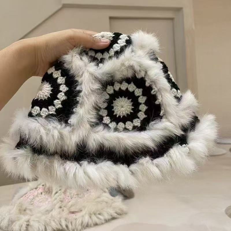 Mao Mao Hat Real Mao Rabbit Plush Fur Hat Versatile Cold-proof Warm Wool Knitted Baotou Hat Women's Winter