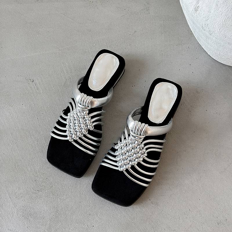 Krazing Pot Straw Weaving Summer Size 40 High Quality Slip on French Chic Thick Heels Women Peep Toe Sandals