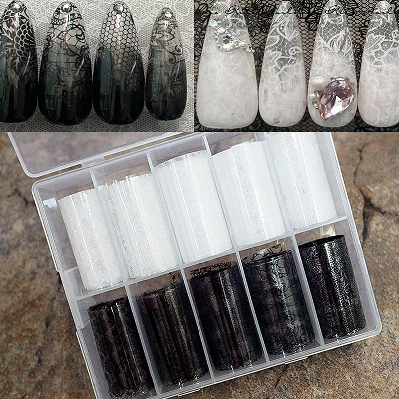 1/10 Rotolo Elegante Bianco Nero Pizzo Fiore Unghie Foil da Trasferimento Fantasia Retrò Floreale Cielo Stellato Carta Adesiva Manicure Accessori