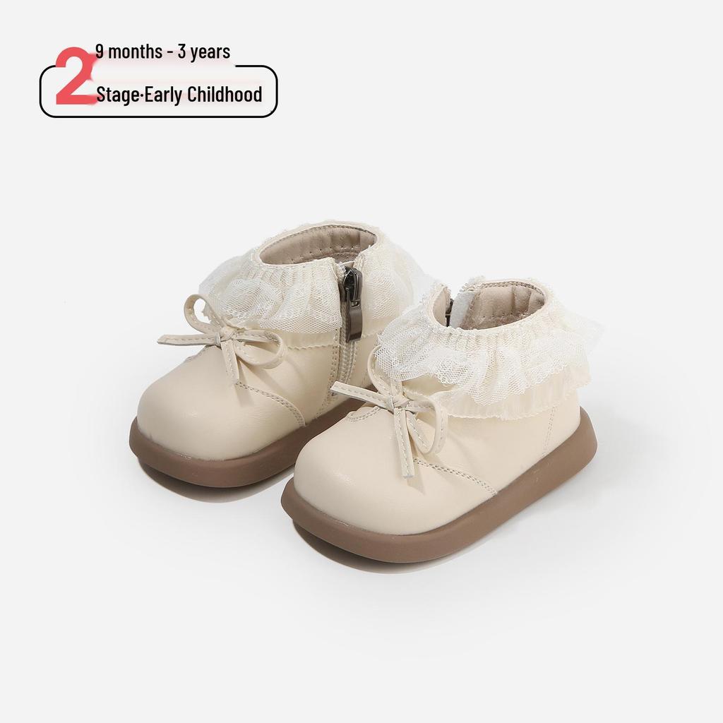 Girls' Autumn-Winter Princess Boots - Cotton-Lined Leather Toddler Shoes with Lace and Velvet Accents
