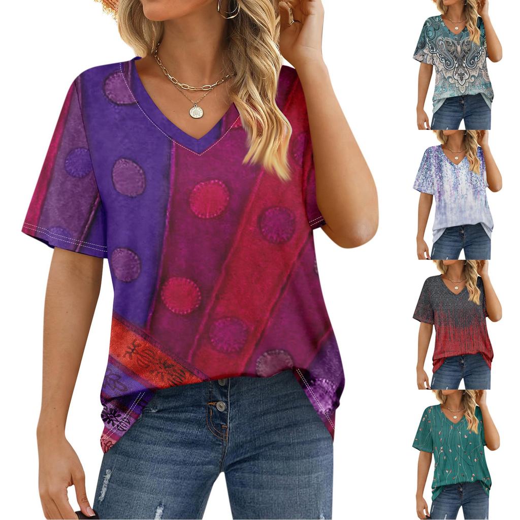 Short Sleeve Womens Tops  Floral Print Vintage Fashion Casual Loose With V Neck Plus Size Shirts