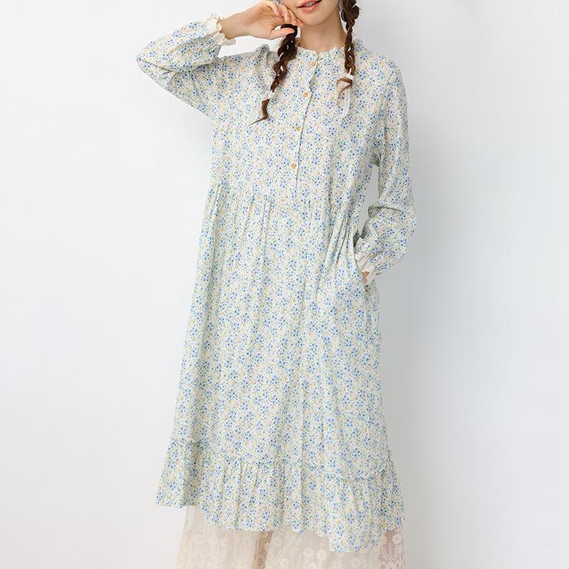 

Spring Women s Mori Style Floral Cotton Linen Long Dress with Ruffle Patchwork One Size синій