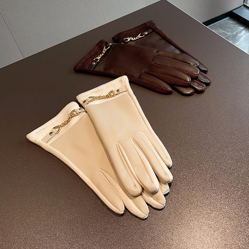 Luxury Protein Leather Fleece Lined Women'S Gloves Winter Cycling Windproof Keep Warm Elegant Touchscreen Gloves