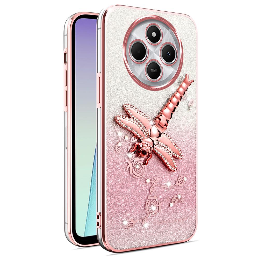 

KADEM Чехол для Xiaomi Poco C75 4G/Redmi 14R 5G/14C 4G Стрекоза Подставка ТПУ Цветы Блестки Чехол для телефона Pink