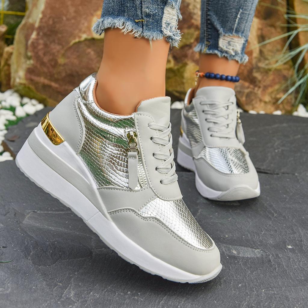 Fashion Solid Color Thick Bottom Zipper Vulcanized Shoes Women Sneakers 2025 Wedge Sneakers Mesh Platform Fashion Comfortable Shoes