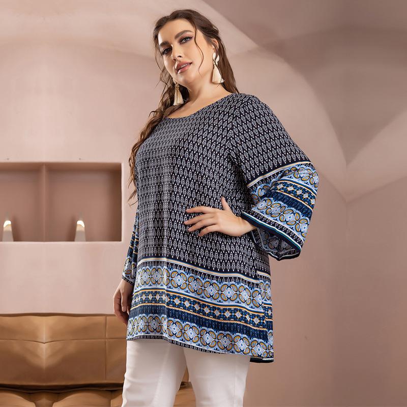 

Повседневная рубашка с большим круглым вырезом и рукавом три четверти, длинная, с принтом, женский топ 5XL темно-синий