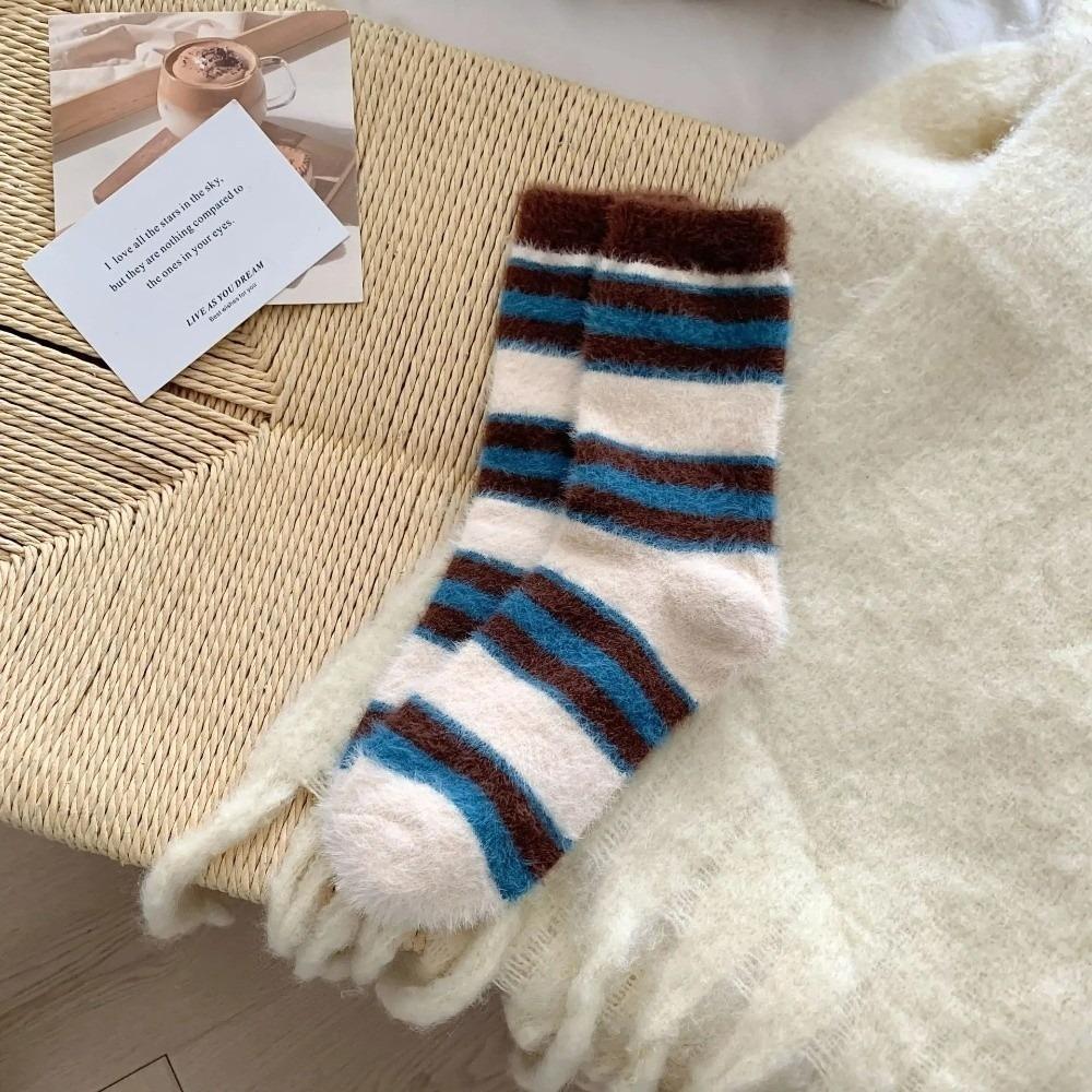 Thickened Striped Socks Plush Floor Socks New Mink Fleece Socks  Autumn Winter