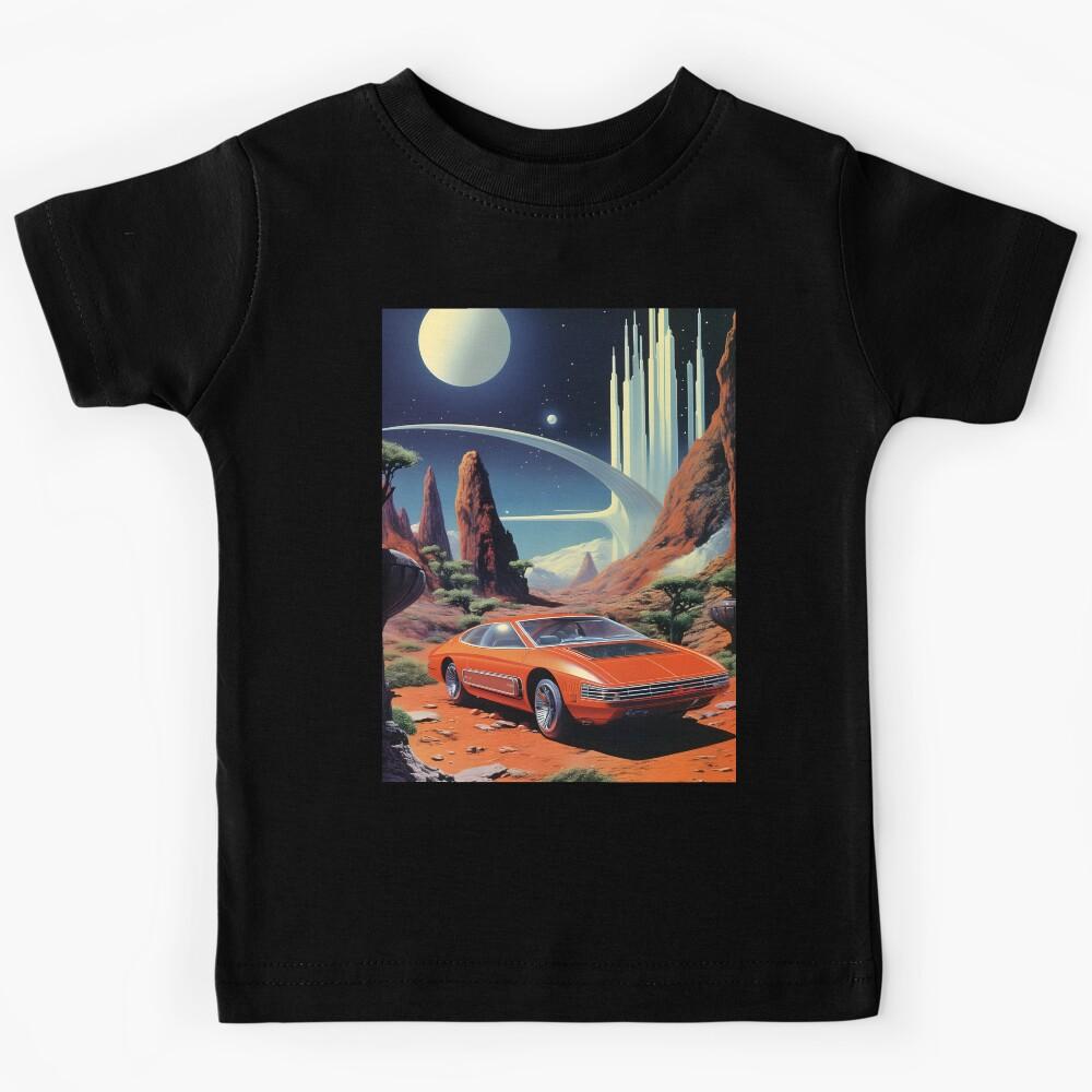 Red Color Retro Futuristic Sports Car and an Extraterrestrial Desert Landscape at Night with Starry Sky Kids T-Shirt 100