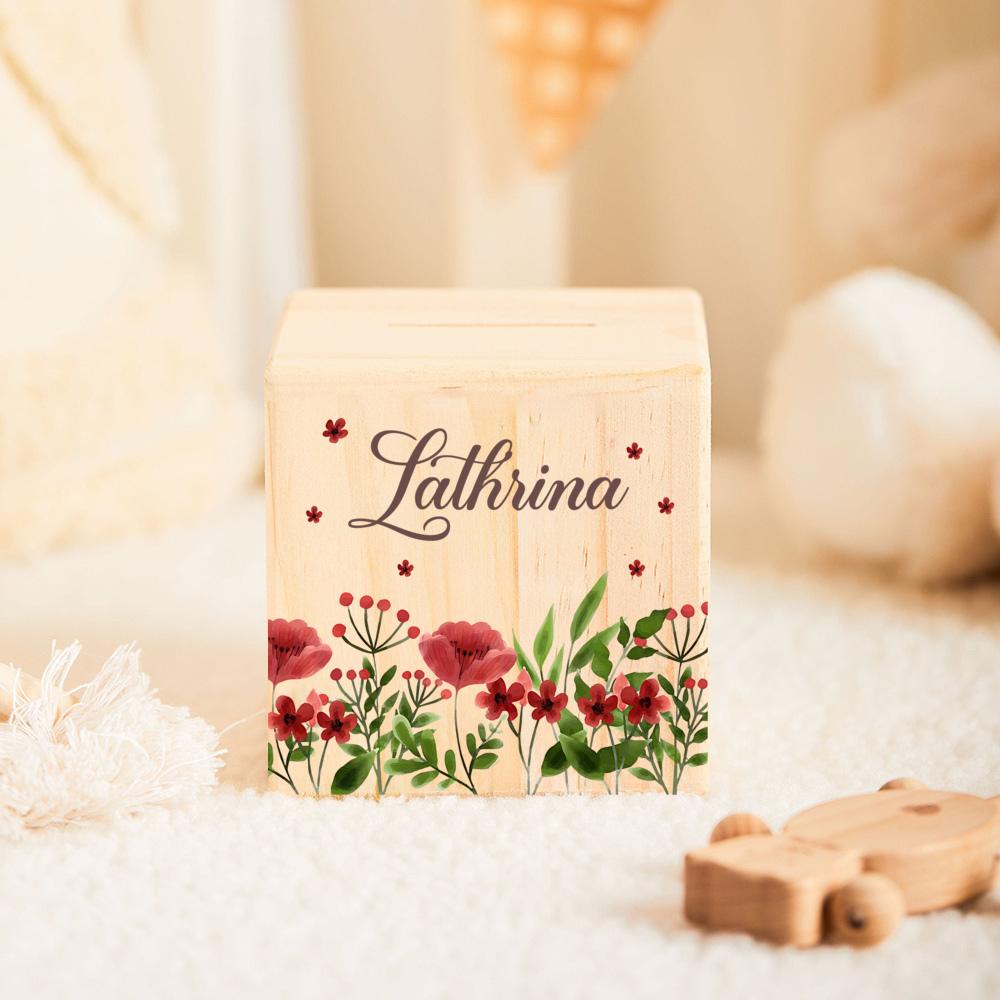 Salvadanaio Fiore Personalizzato Salvadanaio con Nome Maialino Carino Salvadanaio per Bambini Scatola Portamonete Regali di Compleanno e Festività Salvadanai in Legno per Bambini