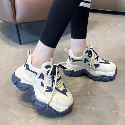 Spring Plus Size Fashion Chunky Sneakers PU Heel Lace Up Platform Women Solid Round Toe Vulcanize Shoes