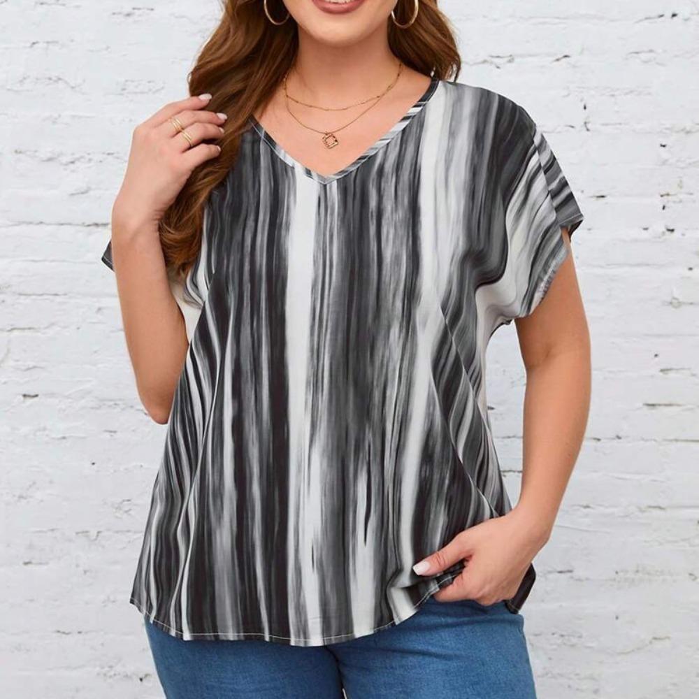 Women's Shirt, Striped Printed V-neck Shirt, Non-stretch Fabric, Easy to Care For, Summer Short-sleeved Top